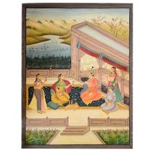 Mughal Canvas Painting Of Munhall Emperor With  His Consorts