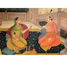 Mughal Canvas Painting Of Munhall Emperor With  His Consorts