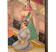 Mughal Canvas Painting Of Munhall Emperor With  His Consorts