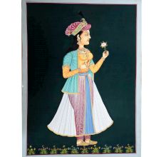 Fine Canvas Painting Of Indian Mughal Queen Holding A flower In Hand