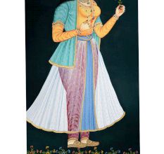 Fine Canvas Painting Of Indian Mughal Queen Holding A flower In Hand