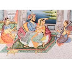 Handmade Canvas Painting of Mughal Emperor In Open Terrace Harem Court