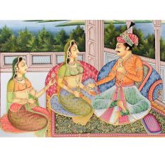 Handmade Canvas Painting of Mughal Emperor With Queens And Wine