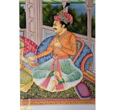 Handmade Canvas Painting of Mughal Emperor With Queens And Wine