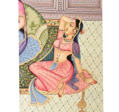 Handmade Canvas Mughal Painting Of Emperor And Queen Romantic Harem Scene