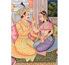 Handmade Canvas Mughal Painting Of Emperor And Queen Romantic Harem Scene