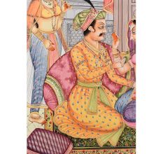 Handmade Canvas Mughal Painting Of Emperor And Queen Romantic Harem Scene