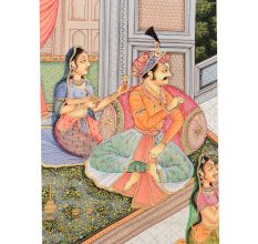 Handmade Canvas Painting Of Mughal Couple On Terrace
