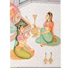 Handmade Canvas Painting Of Mughal Couple On Terrace