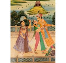 Hand painted Art Canvas Mughal Painting Of King And Queen Enjoying Wine