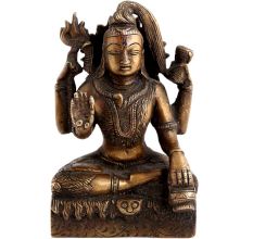 Handmade  Brown Brass Shiv Murti Statue Sitting on Tiger with Trishul and Damru