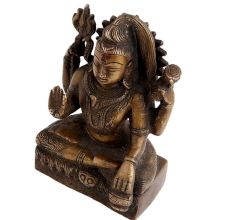 Handmade  Brown Brass Shiv Murti Statue Sitting on Tiger with Trishul and Damru