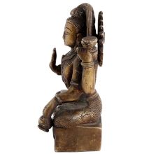 Handmade  Brown Brass Shiv Murti Statue Sitting on Tiger with Trishul and Damru