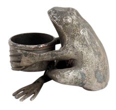 Handmade Black Brass Frog Holding Small Planter
