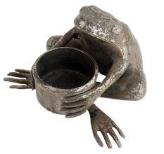 Handmade Black Brass Frog Holding Small Planter