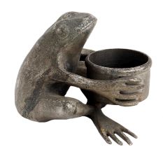 Handmade Black Brass Frog Holding Small Planter