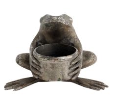 Handmade Black Brass Frog Holding Small Planter