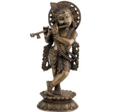 Handmade Brown Brass Standing Murli Krishna Statue With Intricate Design