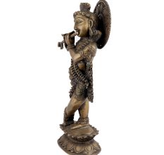 Handmade Brown Brass Standing Murli Krishna Statue With Intricate Design