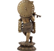 Handmade Brown Brass Standing Murli Krishna Statue With Intricate Design