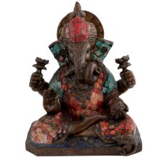 Handcrafted Multicolored Brass Sitting Lord Ganesha Statue