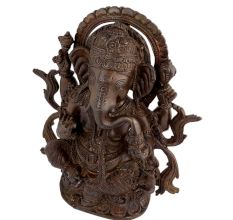 Handmade Brown Brass Sitting Ganesha Statue With Intricate Design