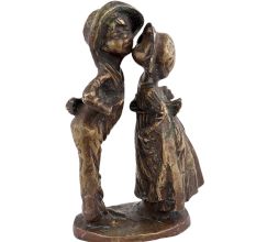 Handmade Patinated Gold  Brass Girl Kissing Boy Statue