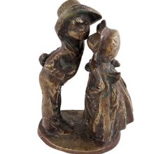 Handmade Patinated Gold  Brass Girl Kissing Boy Statue