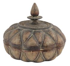 Handmade Brown Brass Pumpkin Storage Box With Geometric Design And Knob Finial
