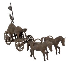 Handmade Brown Brass Chariot Or Cart With Two Horses