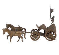 Handmade Brown Brass Chariot Or Cart With Two Horses