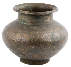 Handmade Dark Tan Brass Water Pot With Engraved Floral Design