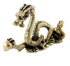 Handmade Golden Brass Chinese Dragon Holding Ball Statue