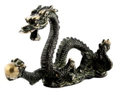 Handmade Black Patina Brass Dragon Statue With A Ball