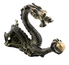 Handmade Black Patina Brass Dragon Statue With A Ball