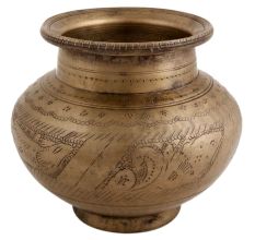 Handmade Patinated Brass Water Pot With Carved Images