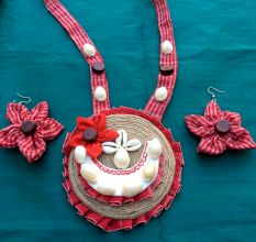 Gamcha Neckpiece With Jute And Kaudi With Earrings Set