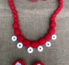 Red Fabric Beaded Neckpiece With Earrings Set ( Single Layer)