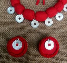 Red Fabric Beaded Neckpiece With Earrings Set ( Single Layer)