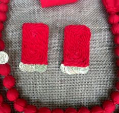 Red Fabric Beaded Neckpiece With Earrings Set