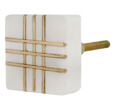 White Square Marble Brass Cabinet Knobs