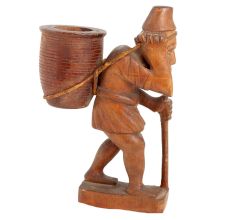 Handmade Brown Wooden Statue Of Old Man With Bag  At Back