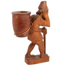 Handmade Brown Wooden Statue Of Old Man With Bag  At Back