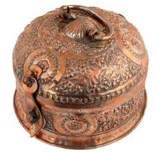 Handmade Round Brown Copper Storage Box With Embossed Design