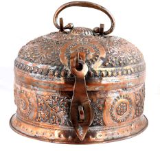 Handmade Round Brown Copper Storage Box With Embossed Design