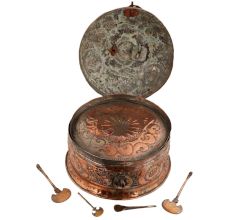 Handmade Round Brown Copper Storage Box With Embossed Design