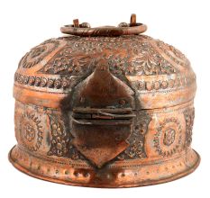 Handmade Round Brown Copper Storage Box With Embossed Design