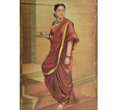 Handmade Multicolored Lady going for puja in Shiva Temple Indian Painting