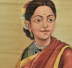 Handmade Multicolored Lady going for puja in Shiva Temple Indian Painting