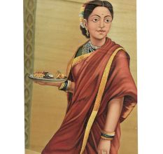 Handmade Multicolored Lady going for puja in Shiva Temple Indian Painting